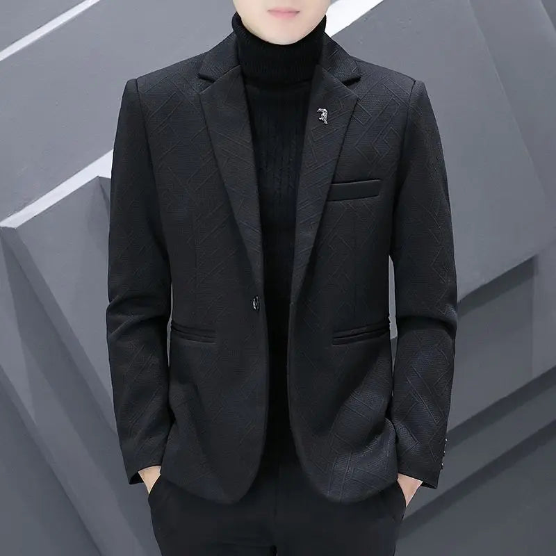 Men's Autumn Winter Fleece-Lined Slim Fit Casual Blazer Korean Style Solid Color Thick Warm Youth Fashion Suit Jacket