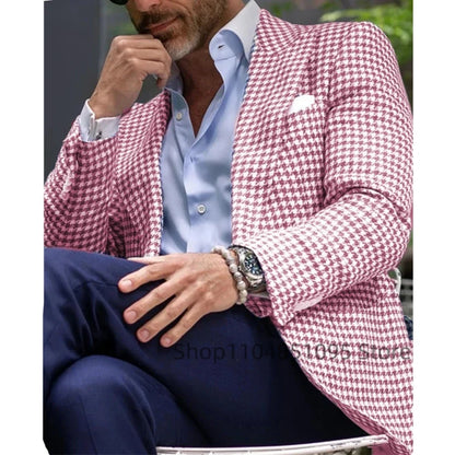 Pink Houndstooth Suit Jacket Woolen Suit Blazer Business Top Single Breasted Slim Fit Plaid Suit Jacket Wedding Warm Suits Coat