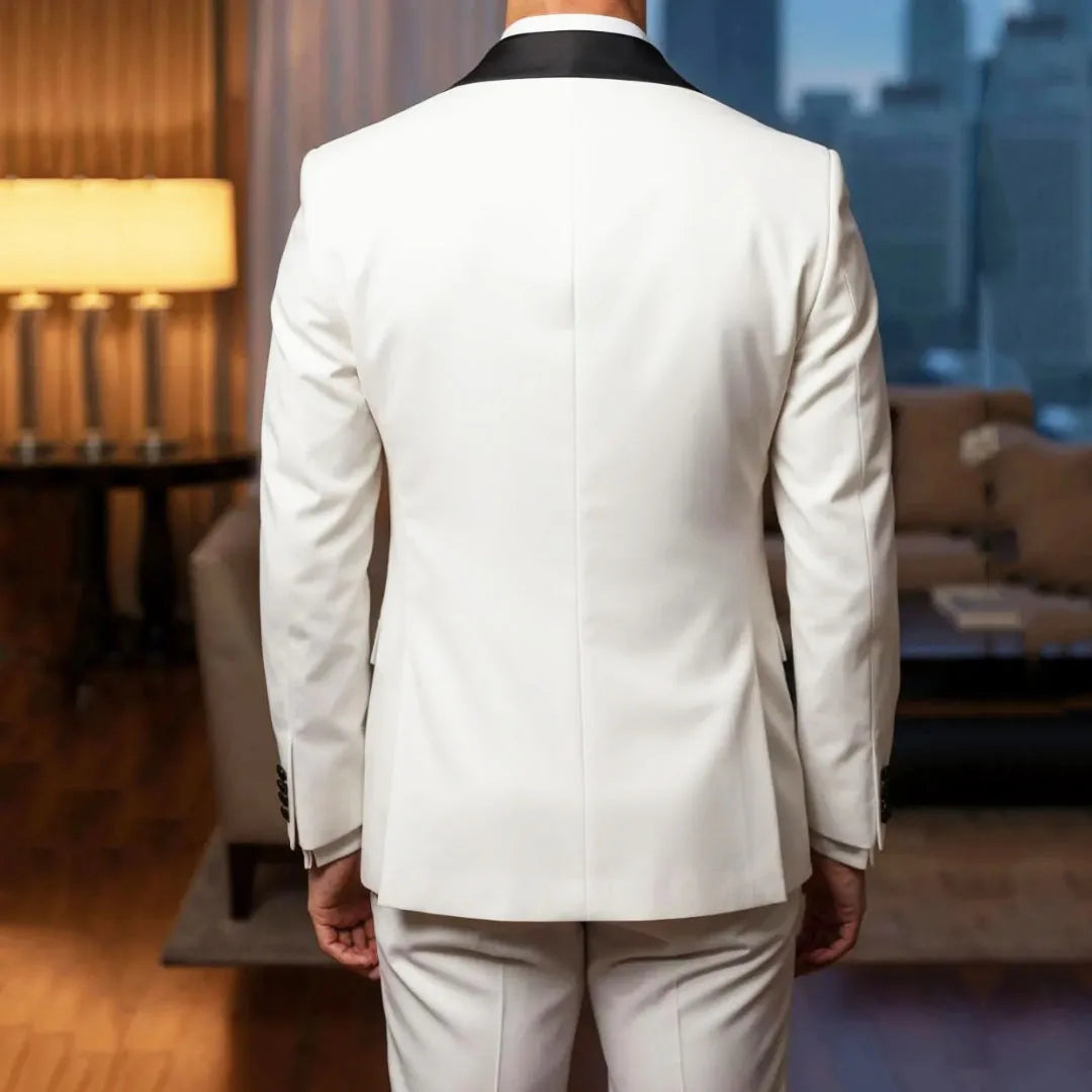 Men Suit White 2 Piece Double Button With Bright Black Lapel For Wedding Birthday Banquet Party Prom Business Work Jacket Pants
