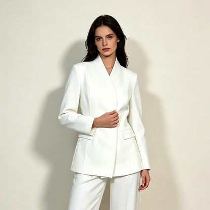 2026 New Women V Neck Blazer No Lapel Waist Shaping Suit Jacket Elegant Office Formal Outerwear 5 Colors
