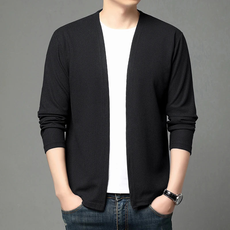 Spring and Summer Solid Color Knitted Cardigan Jacket Sun Protection Clothing Men's Shirt Loose Sleeves Fashionable and Versatil