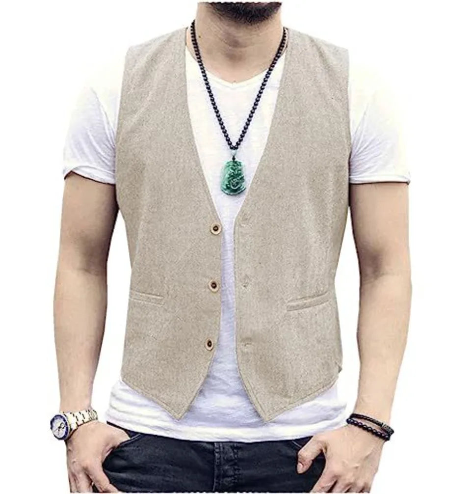 Men's Linen Vest – Slim Fit Smart Casual Waistcoat for All Seasons