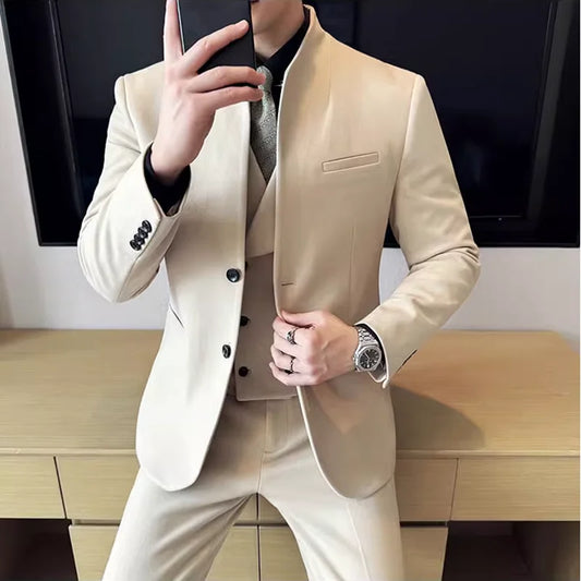 New Chinese Stand-up Collar Woolen Suit Autumn Winter Men's Business Casual Groom Wedding Slim Fit Suit Tuxedo ( Jacket+Pants )