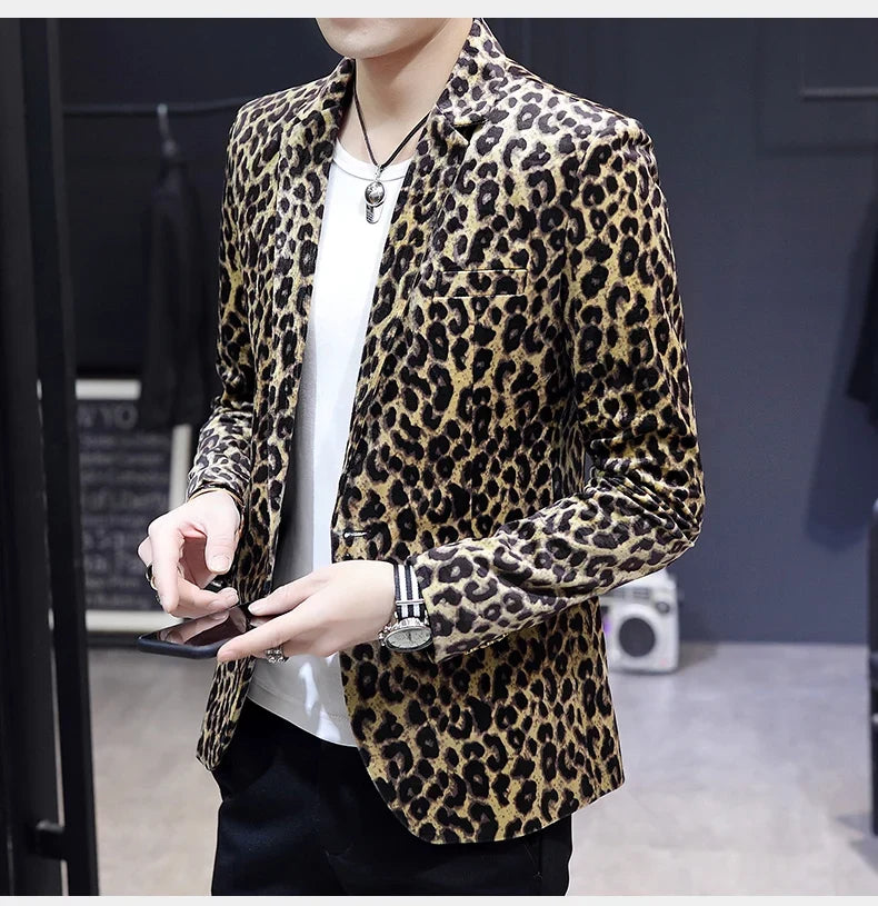 Blazer New Men's Fashion Business Gentleman Wedding British Style Banquet Leopard Print Luxe Handsome Outdoor Casual Blazer