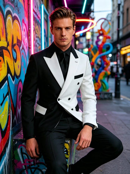 2Pieces Peaked Lapel Double Breasted Suits for Men Wedding Slim Fit Formal Groom Tuxedo Black White Suit Jacket with Pants