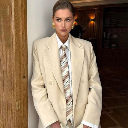 Modern Women Beige Oversized Suit Double Breasted Chic 2 Piece(Jacket+Pants) Set Casual Office Lady Wear Everyday Outfit