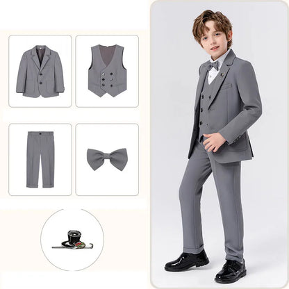 Gentleman Kids Beige Jacket Vest Pants Bowtie Brooch Photograph Suit Children Piano Dress Boys Easter Host Performance Costume
