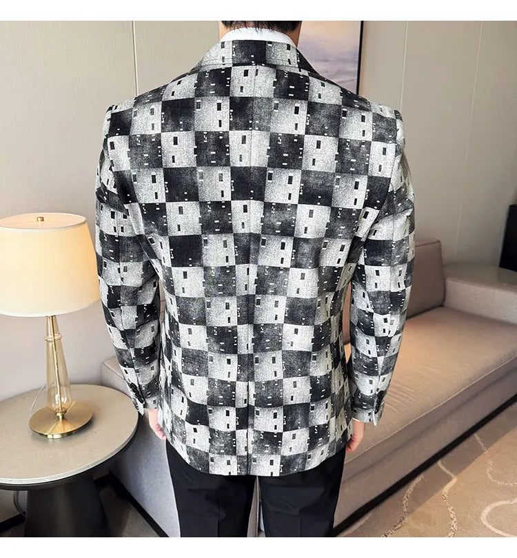 Korean Jacquard Denim Jacket for Men Autumn Winter Casual Business Men Blazers Slim Fit Wedding Social Dress Coat Men Clothing
