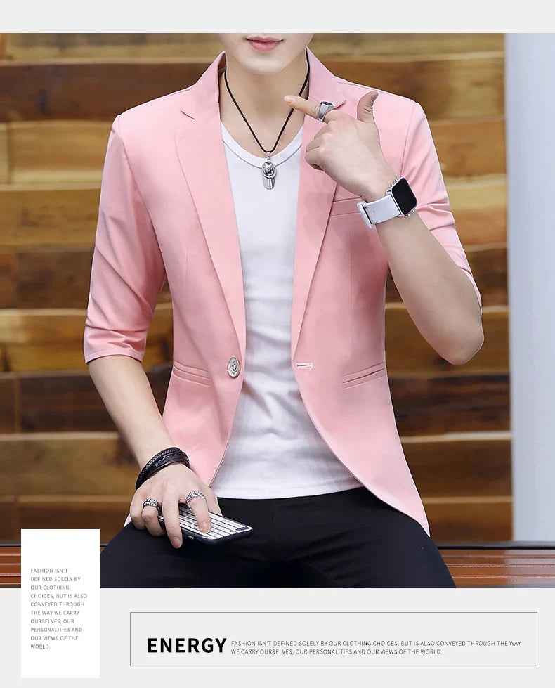Summer 2025 Men's Mid-Sleeve Slim Fit Suit Korean Style Handsome Youth Seven-Quarter Jacket Small Suit Collection