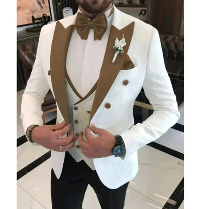 Floral Wedding 3 Piece Men's Tuxedo Set Slim Fit Double Breasted Peak Lapel Luxury Fashion Formal Suit with Full Jacket Vest Pan