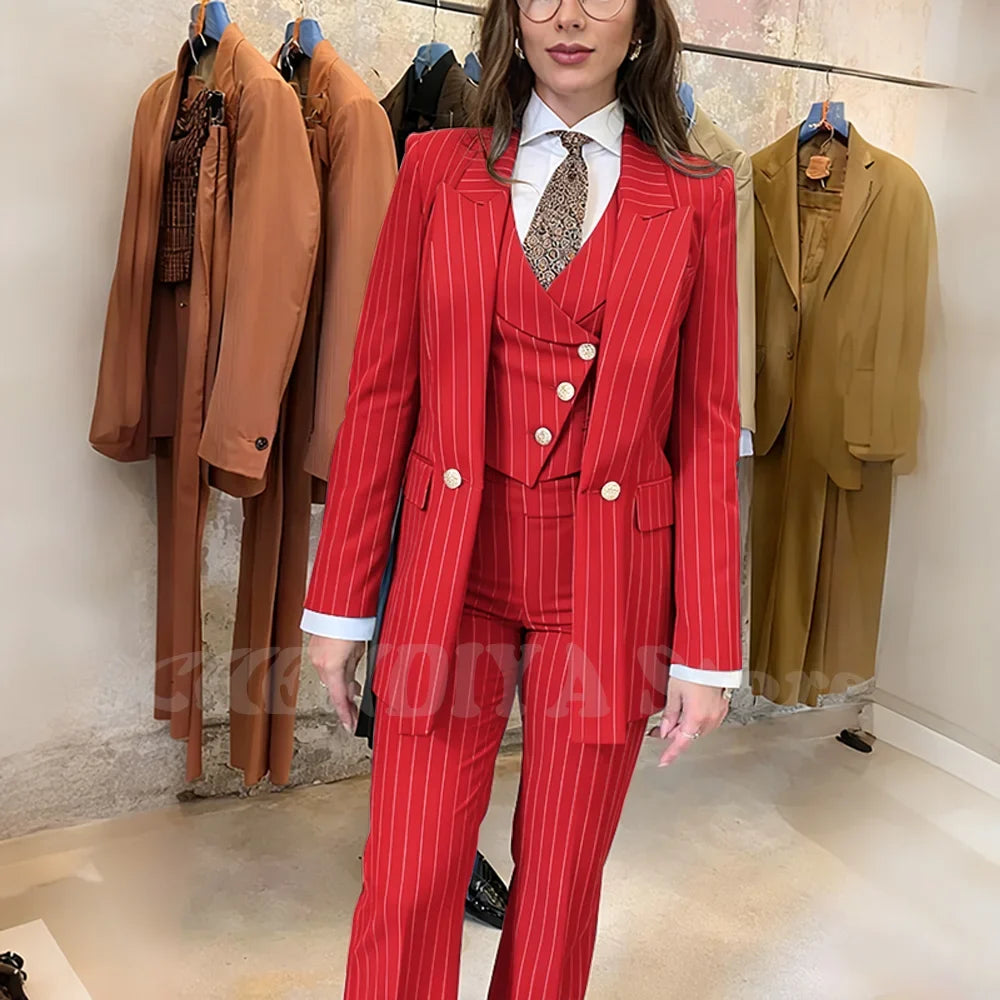 Navy Blue Striped Suit For Women Stylish Single Button Peak Lapel Elegant Outfit Business Meeting Office Formal Set Three Pieces