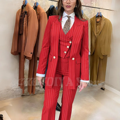 Navy Blue Striped Suit For Women Stylish Single Button Peak Lapel Elegant Outfit Business Meeting Office Formal Set Three Pieces
