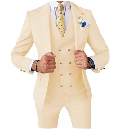 Smart Casual 3 Piece Peak Lapel Single Breasted Wedding Suit for Men Fashion Formal Best Man Groom Tuxedo Slim Fit Costume Homme