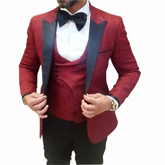 Fashion Purple Jacquard Men Wedding Suits Groom Tuxedo Prom Slim Fit Blazer Hombre High Quality Custom 3 Piece Set Costume Homme