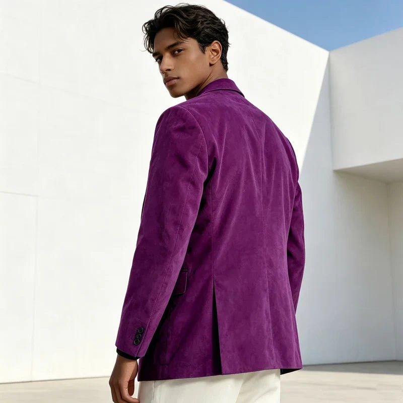 Men's Faux Suede Blazer – Retro Notched Lapel Single-Breasted Jacket for Wedding, Business & Daily Wear