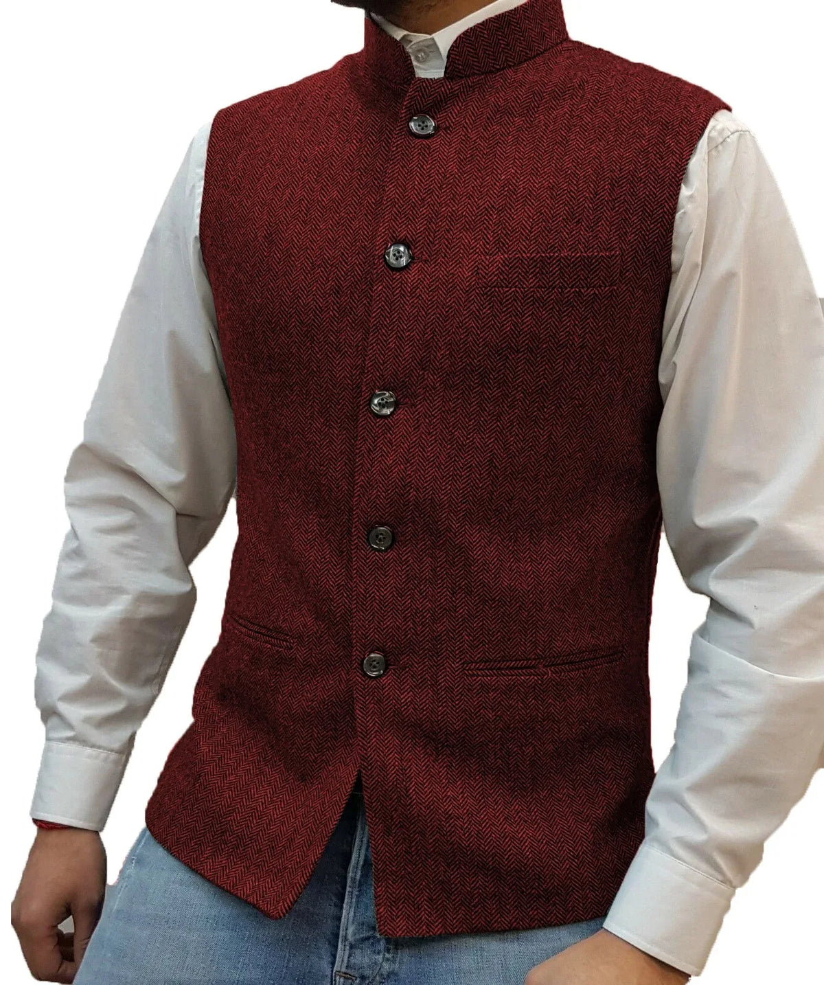 Men's Vest Standing Collar Herringbone Woolen Blend Single Breasted Waistcoat for Business & Casual Wear