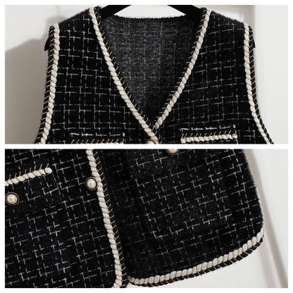 Women's Contrast Knitted Vest New Autumn Short Sleeveless Jacket V-neck Single Breasted Waistcoat Female Coats Chaleco Mujer