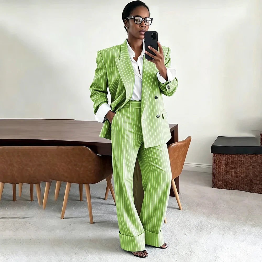 Neutral Gray Pinstripe Oversized Matching Sets Double Breasted Women's Suit Casual Formal 2-Piece(Jacket+Pants) Office Set