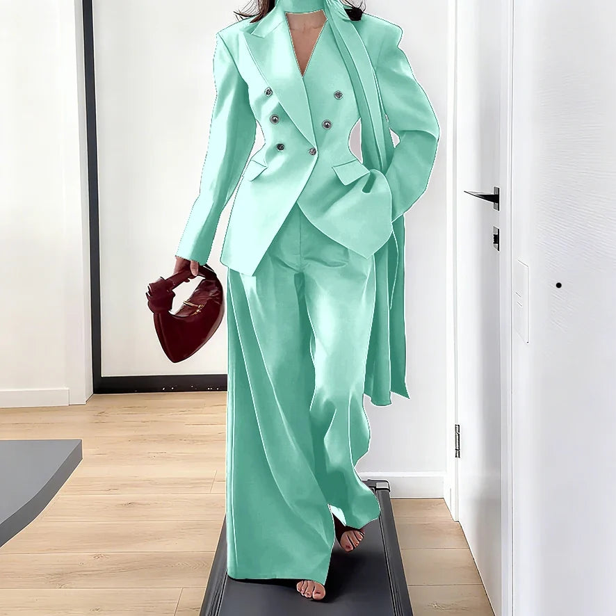 Elegant Women Double Breasted Suit Set Double Breasted Peaked Lapel Blazer+Pants Daily Slim Fit Office Evening Party Outerwears