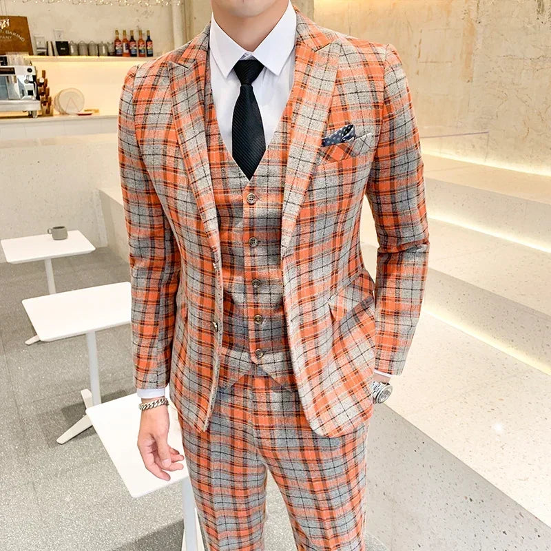 Men's 3-Piece Suit Slim Fit Single Breasted Wedding Business Blazer Set – Orange Red, Matcha Green, Light Yellow