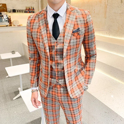 Men's 3-Piece Suit Slim Fit Single Breasted Wedding Business Blazer Set – Orange Red, Matcha Green, Light Yellow
