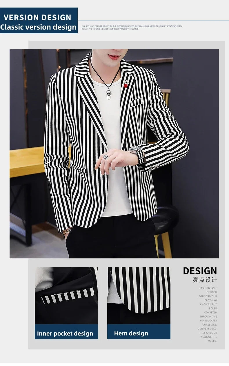 Men's Slim Fit Striped Casual Suit Jacket Korean Fashion Four Seasons New Boutique Handsome Small Suit