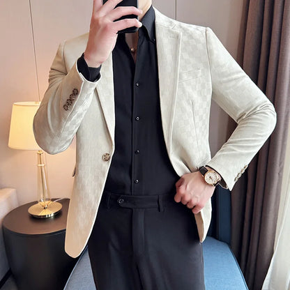 2024 Spring Plaid Blazers Men Single Breasted Casual Business Suit Jacket Fashion Slim Social Banquet Wedding Groom Dress Coats