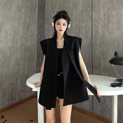 Women Black Blazer Vest Spring Autumn Casual Sleeveless Suits Jacket Female Korean All-Match Blazers Waistcoat Loose Outwear Top