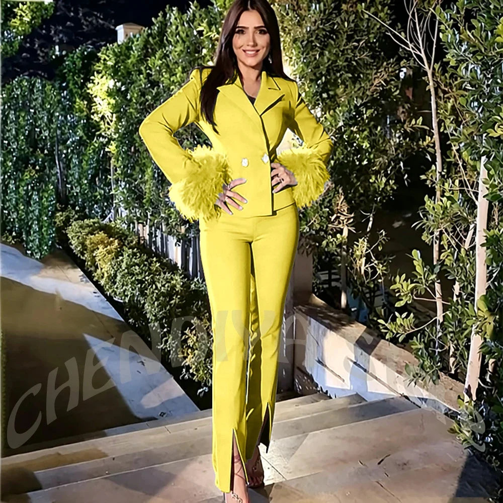 Luxury Feather Women's Suit Sim Fit Peak Lapel Jacket Pants with Split Fashion Outfit for Office Lady Party Business Wear