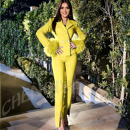 Luxury Feather Women's Suit Sim Fit Peak Lapel Jacket Pants with Split Fashion Outfit for Office Lady Party Business Wear