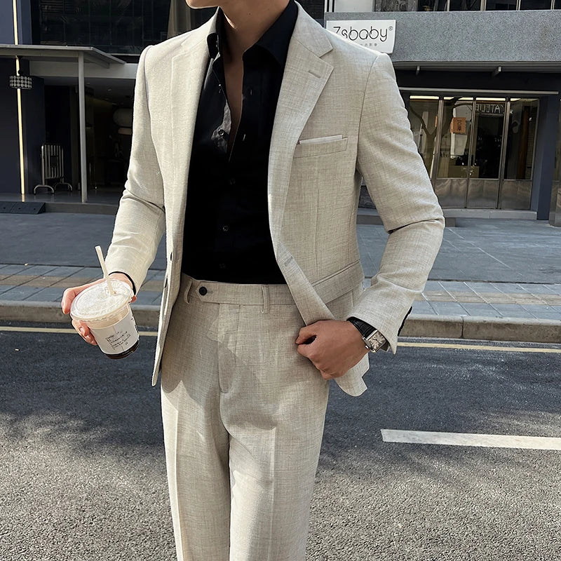 (Jacket +Pants) 2025 New Luxury Elegant Men's Suits 2 Piece Set Fashion Korean Casual Slim Fit Social Groom Wedding Tuxedo