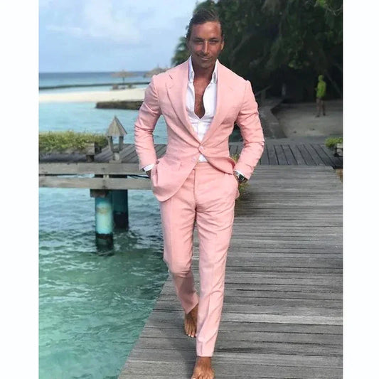 2 Piece Gentlemen Pink Men Suits Casual Jacket Pants Slim Fit Single Breasted Notch Lapel Skinny Prom Party Male Clothing Blazer