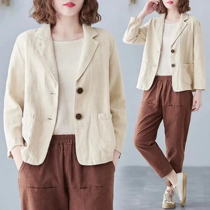 Casual Cotton Linen Short Suit Jacket Women's Spring 2025 Loose Fit Long Sleeve Artistic Large Size Casual Style Top