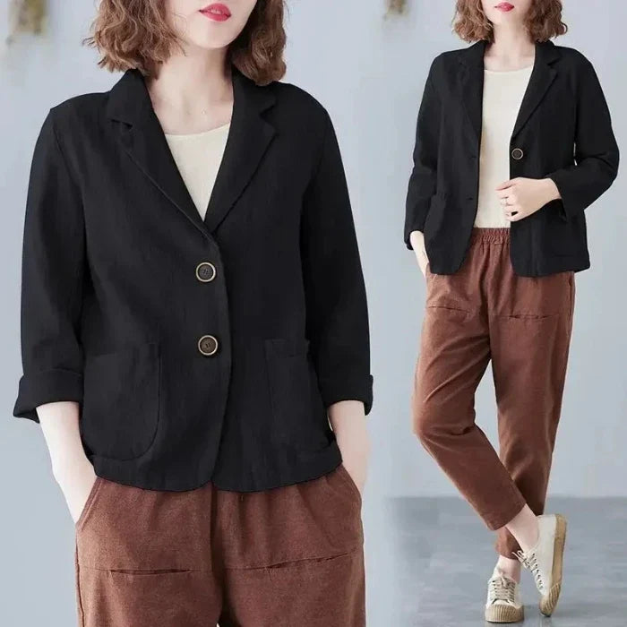 Casual Cotton Linen Short Suit Jacket Women's Spring 2025 Loose Fit Long Sleeve Artistic Large Size Casual Style Top