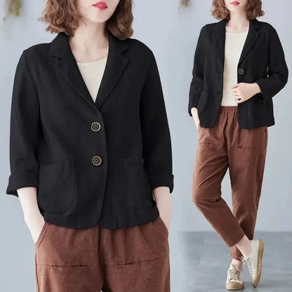 Casual Cotton Linen Short Suit Jacket Women's Spring 2025 Loose Fit Long Sleeve Artistic Large Size Casual Style Top