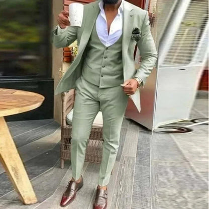 Men's Three-Piece Slim Fit Suit Set – Blazer, Vest & Trousers | Green & Khaki | Wedding & Business