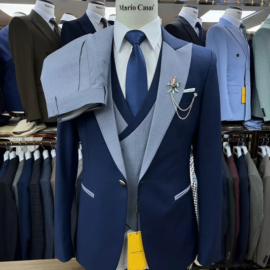 Navy blue Men's Suit, Gray Collar Pants Vest 3 Piece Suit, Wedding Tuxedo for Groom, Custom Size, High quality Blazer