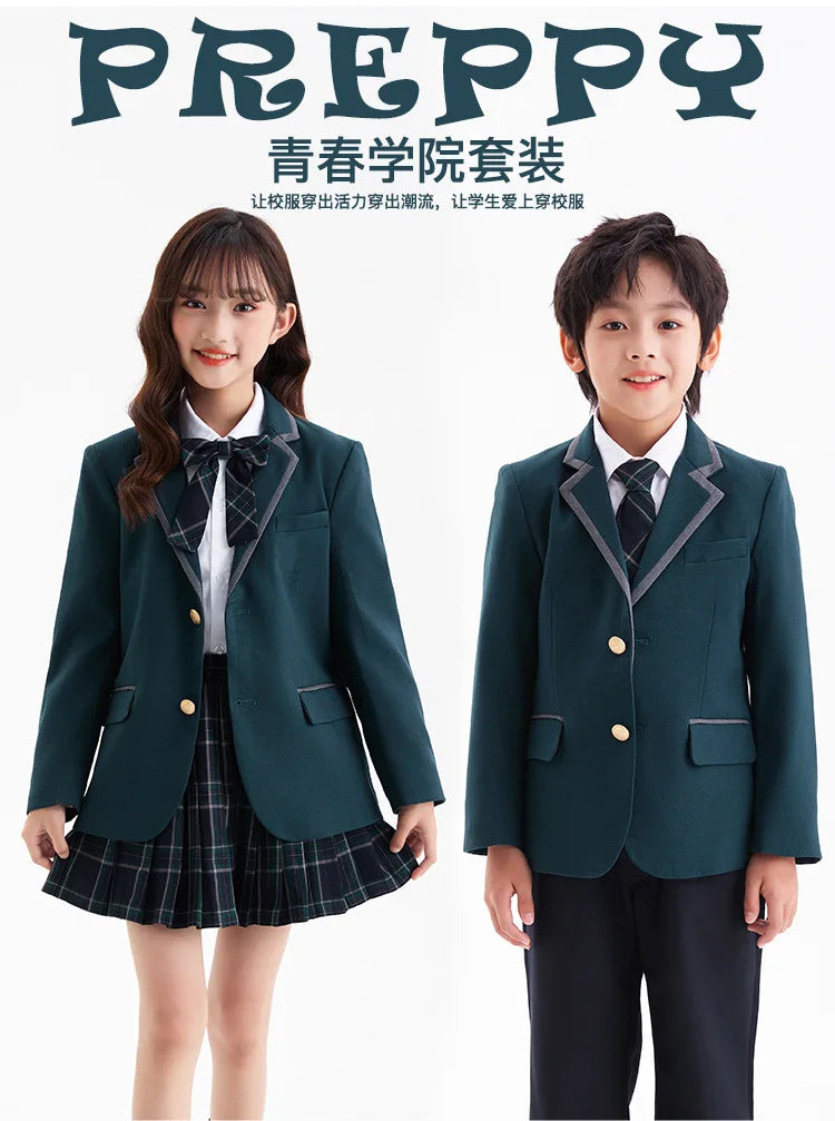 Boys Green Blazers Pants School Uniform Girls Jacket Skirt Shirt Tie Suits Kids Formal Dress Tuxedo Children Student Clothes Set
