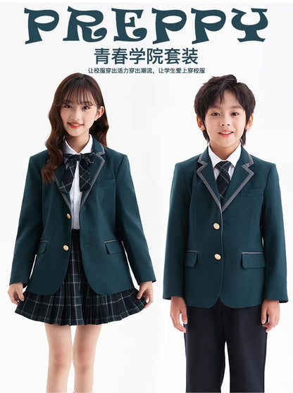 Boys Green Blazers Pants School Uniform Girls Jacket Skirt Shirt Tie Suits Kids Formal Dress Tuxedo Children Student Clothes Set