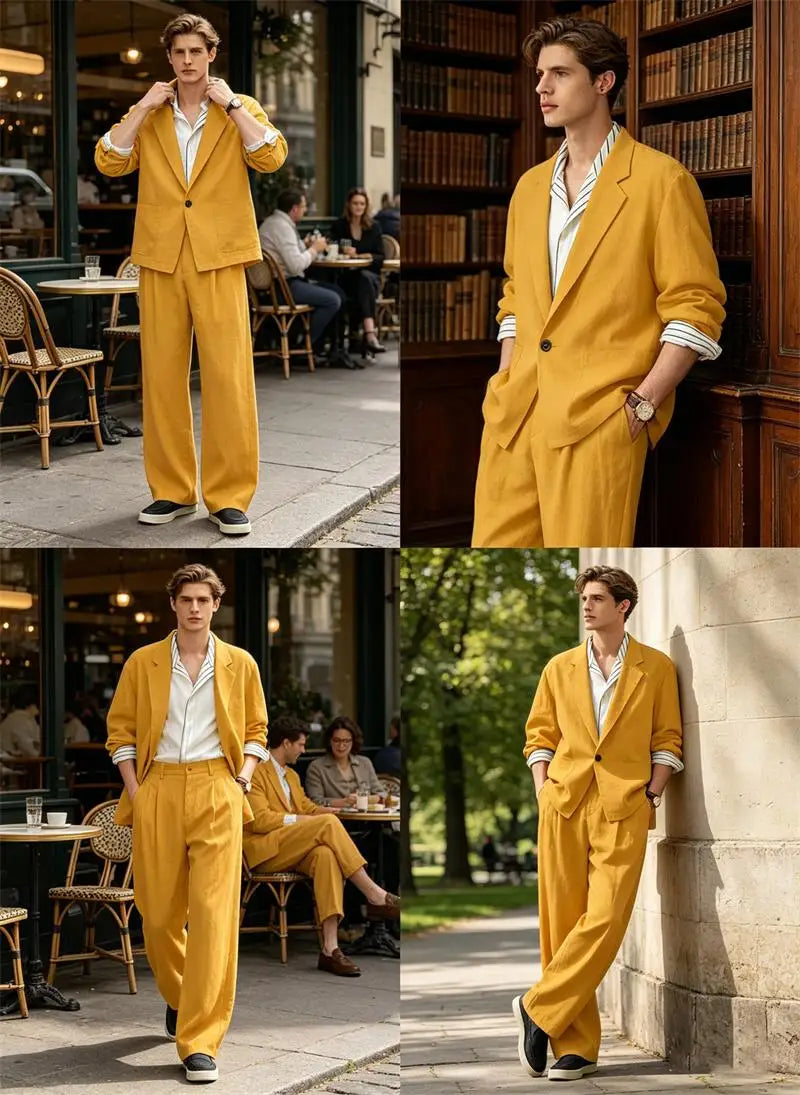 Men's Linen Blazer Suit Set Lightweight Breathable Casual Jacket Business Vacation Party Wedding Spring Summer Autumn Daily Wear