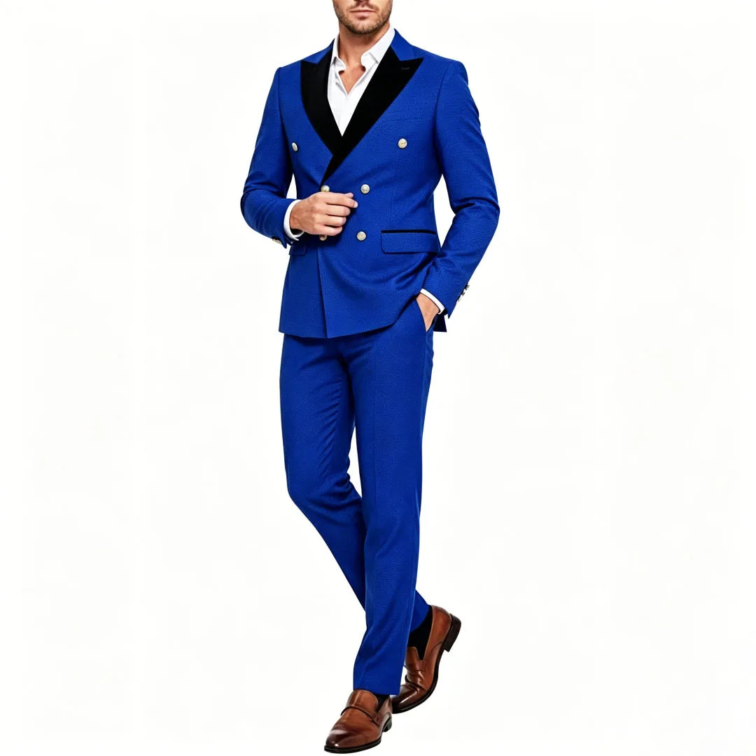 Men Suit 2 Pieces Royal Blue With Black Lapel Double Button For Wedding Business Banquet Party Office Daily Work Jacket And Pant