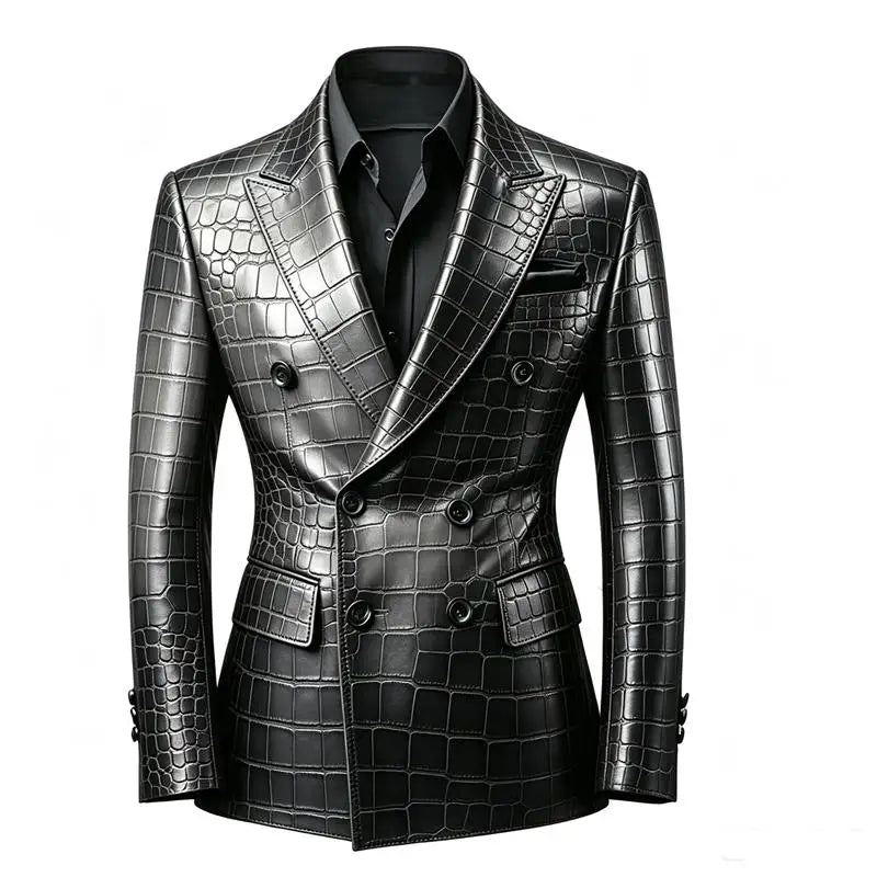 Men's Crocodile Embossed Leather Blazer Jacket Slim Fit Double Breasted Formal Suit Coat for Business Office Wrok Banquet Party