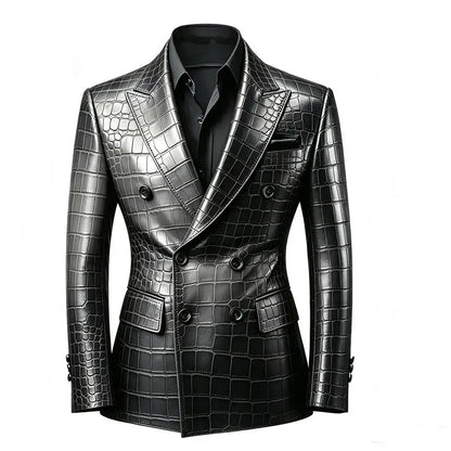 Men's Crocodile Embossed Leather Blazer Jacket Slim Fit Double Breasted Formal Suit Coat for Business Office Wrok Banquet Party