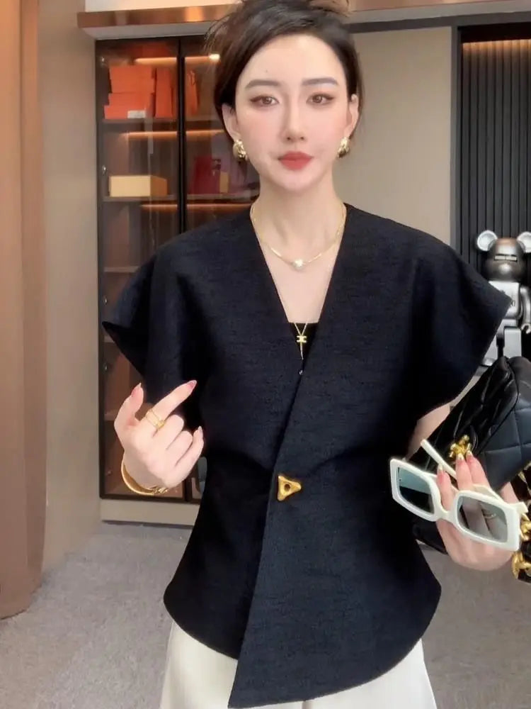 Summer French Asymmetric Blazer Vest Coat Women Drop Shoulder Sleeve Waistcoat One Button Waist Slim Fashion White Top