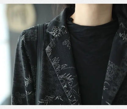 Women's Retro Chinese Style Denim Jacket Bamboo Flower Print Casual Loose Single Breasted Jean Blazer Women Vintage Outerwear
