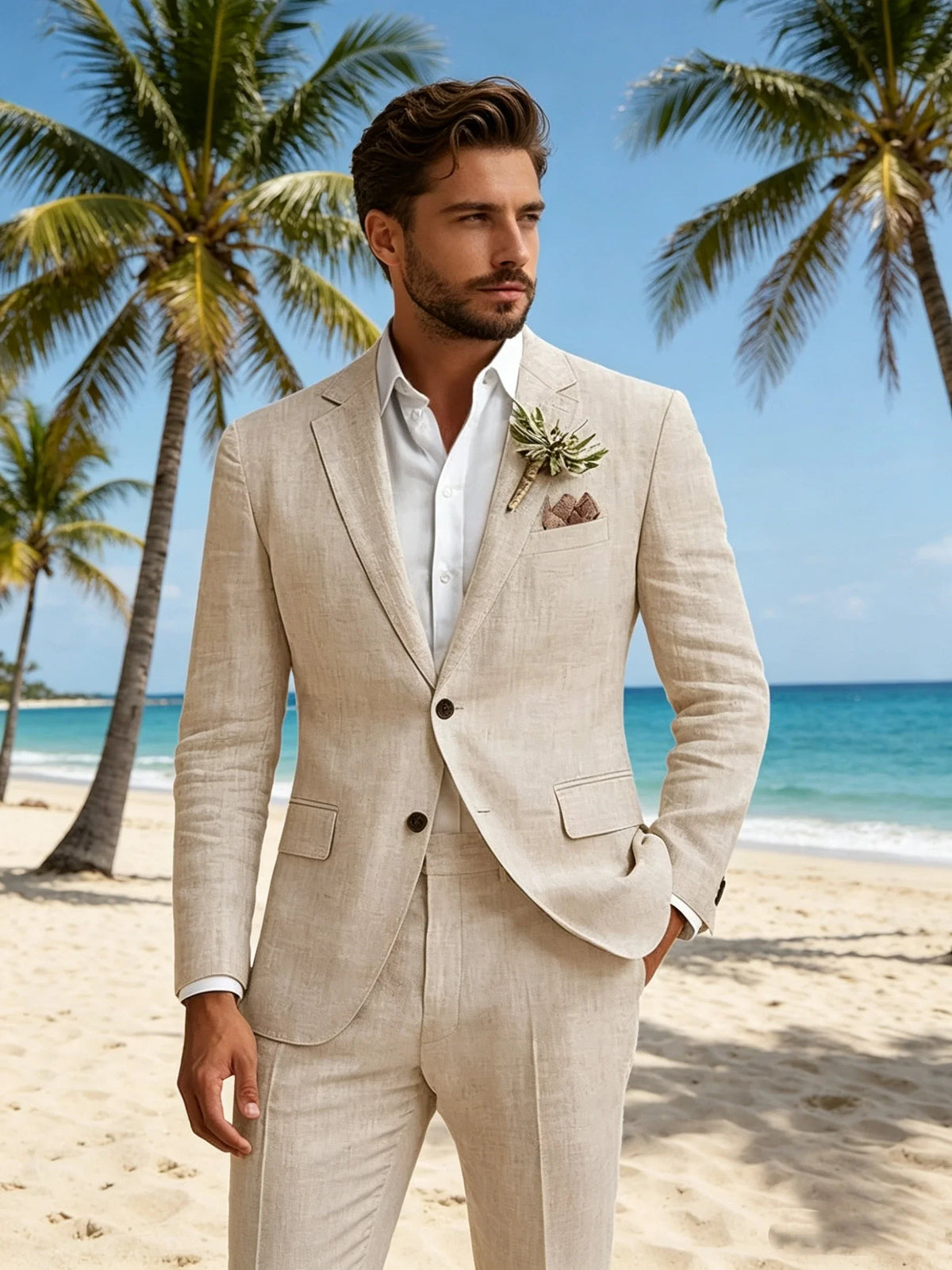 Elegant Beige Linen 2 Piece Men Suits Casual Single Breasted Slim Fit Blazer Pants High Quality Summer Seabeach Wedding Suits