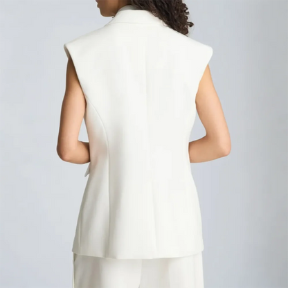 Modern Women Ivory Sleeveless Pants Suit Black Side Buttons Office Business Set Casual Single Button Female Streetwear