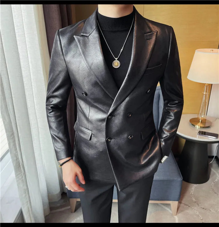 Brand Retro Leather Suit Jacket Men British Style Double Breasted Casual Business Blazers Wedding Groom Party Banquet Jackets