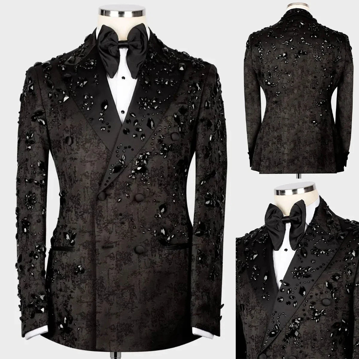 Modern Men's Suit Crystal Beads 2 Pieces Blazer Pants Double Breasted Business Formal Work Wear Wedding Groom Customized Homme