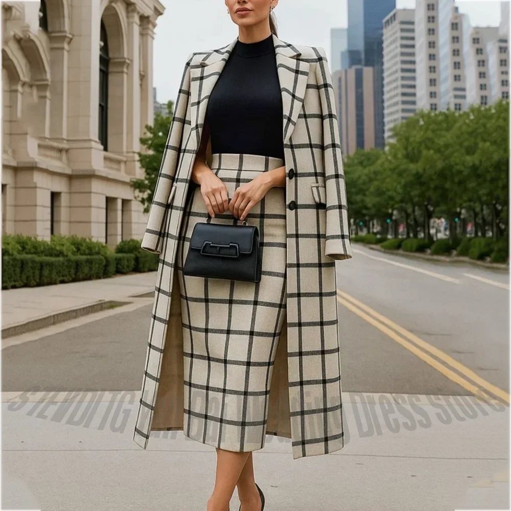 Latest Design Women's Suit Fashion Plaid Tea Length Notch Lapel Single Breasted Long Coat with Skirt Elegant Female Overcoat
